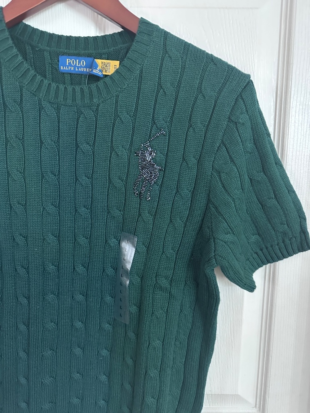 NWT Polo Ralph Lauren Retired Beaded Big Pony Cable Knit Short Sleeve Sweater L - Picture 11 of 11